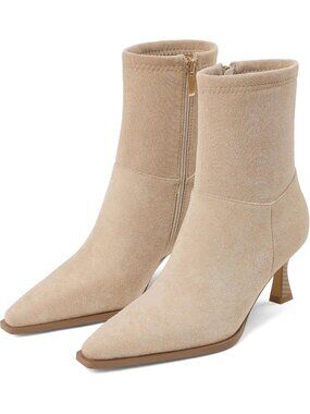 Women's Beige Suede Boots with Side Zip Ankle Mid Calf Pointed Toe Kitten Heel